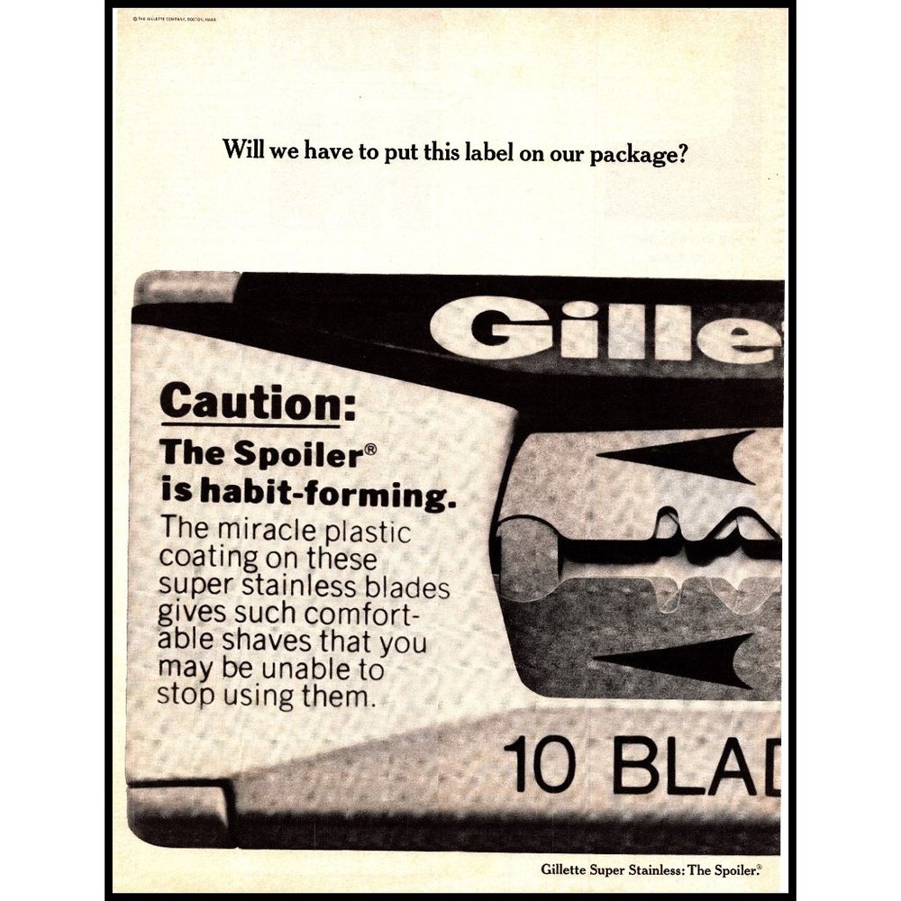 1970 Gillette The Spoiler Safety Razor Blade Vintage Print Ad Shaving Wall Art